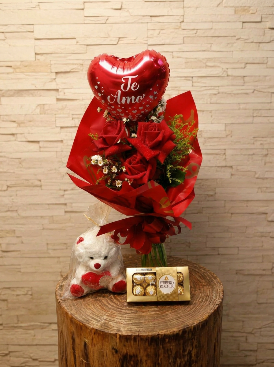 Kit Buquê de Rosas, Chocolates e Ursinho — cesta da Flores do Alê em São Paulo